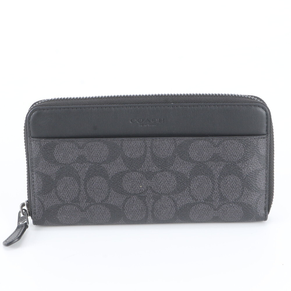 Coach Signature Accordion Wallet Leather Long Round Zipper Black Men's